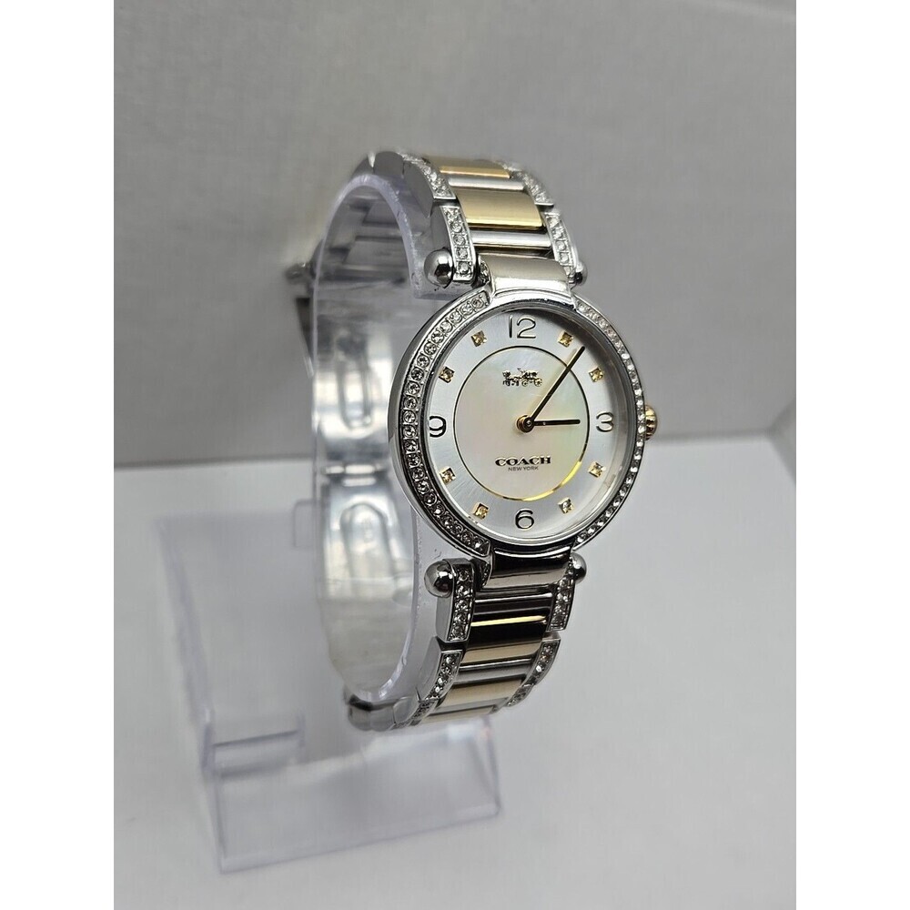 Coach Cary Two Tone Crystal Bezel Mother Of Pearl Watch New Battery Petite Small - Picture 3 of 11